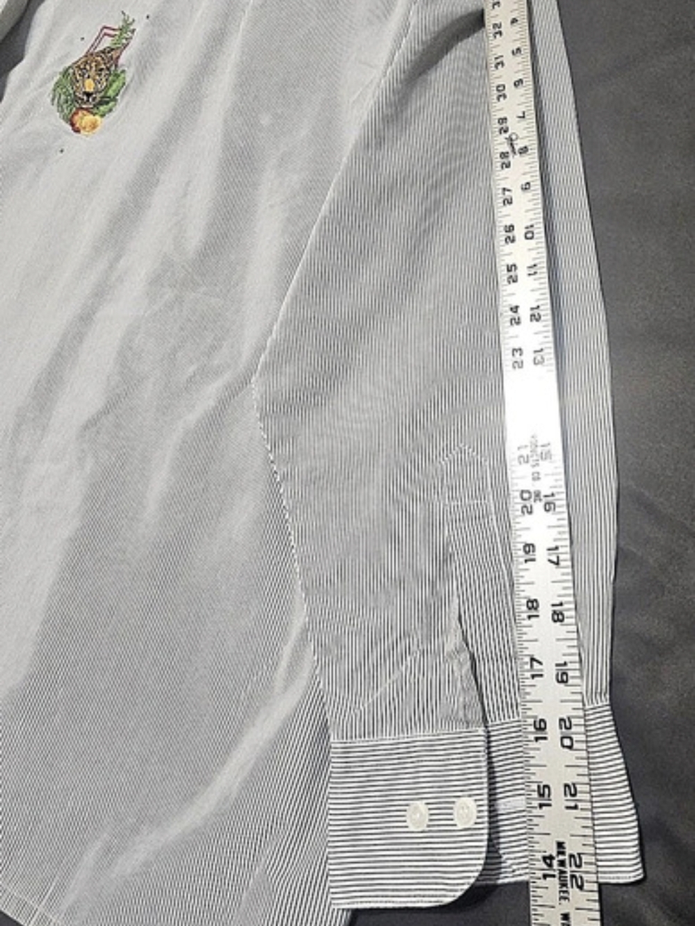 Mili Designs Embroidered Striped Button Down in Gray & White XL Like New - Picture 7 of 7